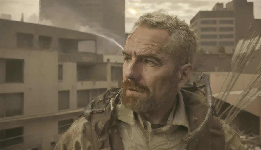 a man <lora:walterWhiteBryanLee_walterWhiteV1:1> in an abandoned city, downtown, abandoned brutalist buildings overgrown in the background, post-apocalyptic, fire damage, archer, survivalist, war photography, highly detailed, film, fujifilm, cinematic lighting
