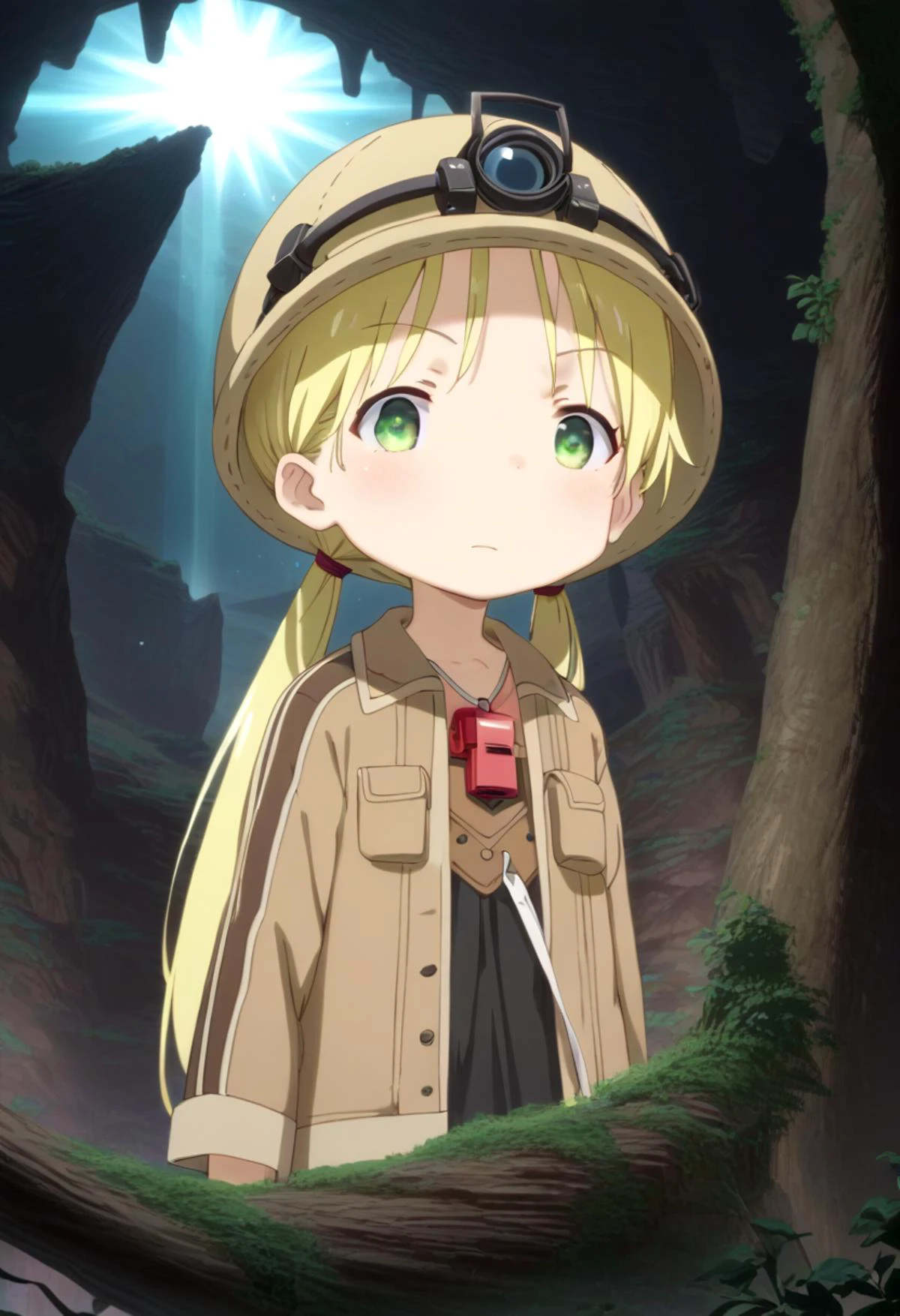 score_9, score_8_up, score_7_up, detailed eyes, BREAK
straight on shot, standing, 1girl, twintails, cartoon style, manga style, drawn style, green eyes,
<lora:rikoPony_epoch_20:1> A girl named riko standig on a cave.
She has blonde hair and wears a red whistle as a pendand.
She wears a brown jacket and a helmet