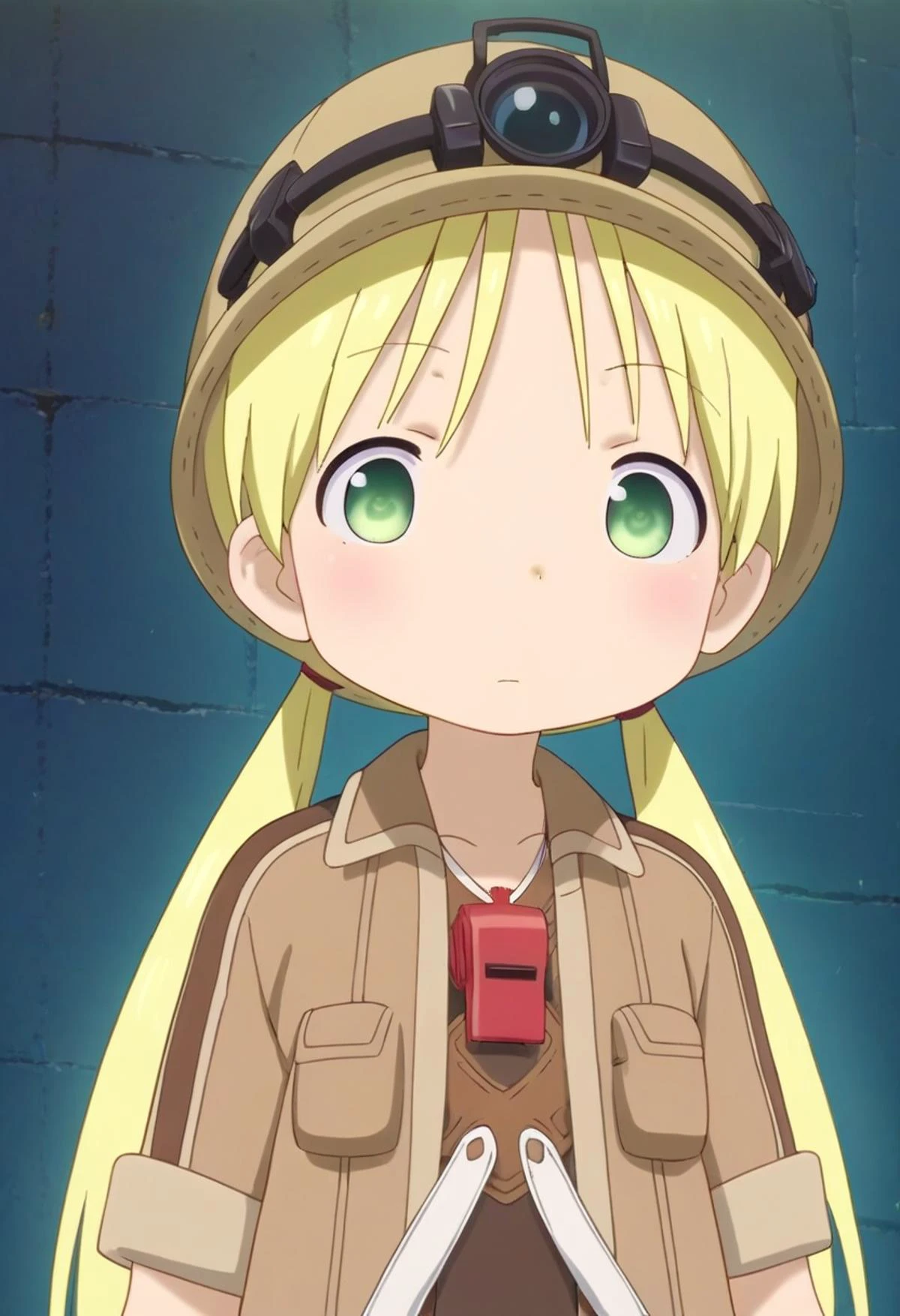 score_9, score_8_up, score_7_up, detailed eyes, BREAK
straight on shot, standing, 1girl, twintails, cartoon style, manga style, drawn style, green eyes,
<lora:rikoPony_epoch_20:1> A girl named riko standig on a .
She has blonde hair and wears a red whistle as a pendand.
She wears a brown jacket and a helmet