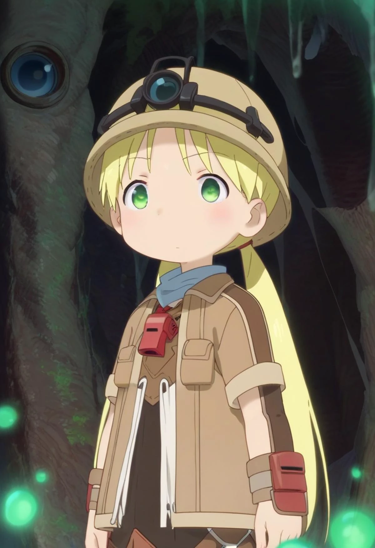 score_9, score_8_up, score_7_up, detailed eyes, BREAK
straight on shot, standing, 1girl, twintails, cartoon style, manga style, drawn style, green eyes,
<lora:rikoPony_epoch_20:1> A girl named riko standig on a cave.
She has blonde hair and wears a red whistle as a pendand.
She wears a brown jacket and a helmet