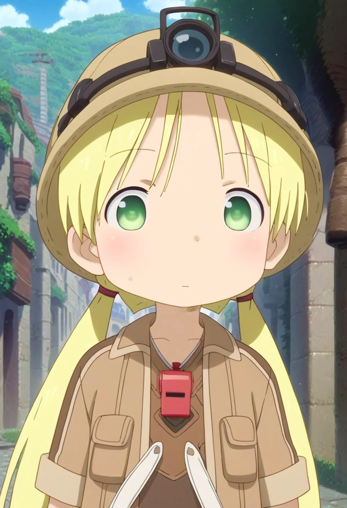 score_9, score_8_up, score_7_up, detailed eyes, BREAK
straight on shot, standing, 1girl, twintails, cartoon style, manga style, drawn style, green eyes,
<lora:rikoPony_epoch_20:1> A girl named riko standig on a street of a beautiful stone village.
She has blonde hair and wears a red whistle as a pendand.
She wears a brown jacket and a helmet
