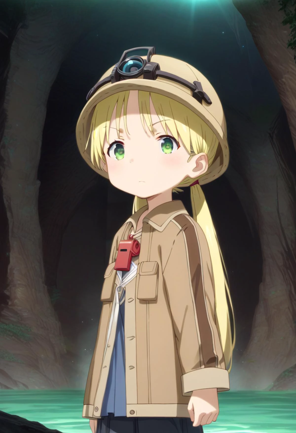 score_9, score_8_up, score_7_up, detailed eyes, BREAK
straight on shot, standing, 1girl, twintails, cartoon style, manga style, drawn style, green eyes,
<lora:rikoPony_epoch_20:1> A girl named riko standig on a cave.
She has blonde hair and wears a red whistle as a pendand.
She wears a brown jacket and a helmet