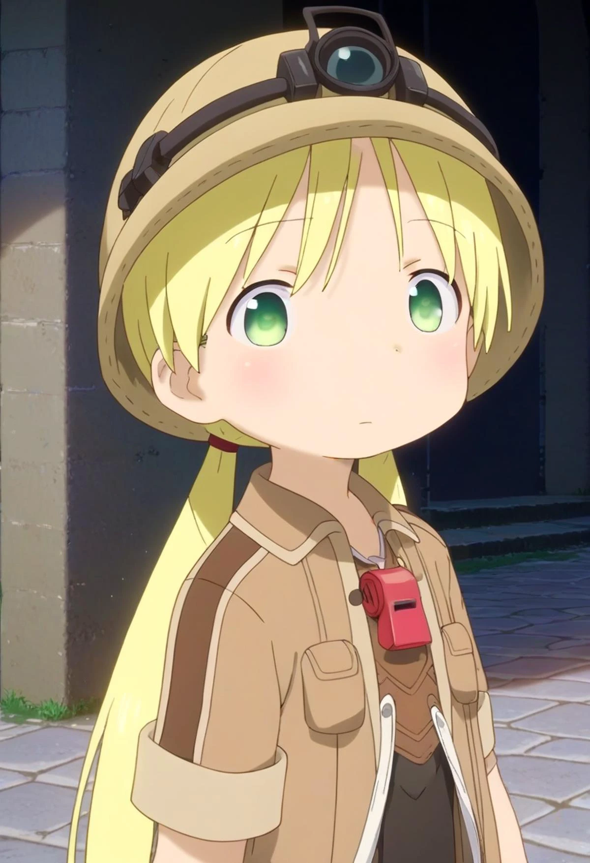 score_9, score_8_up, score_7_up, detailed eyes, BREAK
straight on shot, standing, 1girl, twintails, cartoon style, manga style, drawn style, green eyes,
<lora:rikoPony_epoch_20:1> A girl named riko standig on a street of a beautiful stone village.
She has blonde hair and wears a red whistle as a pendand.
She wears a brown jacket and a helmet