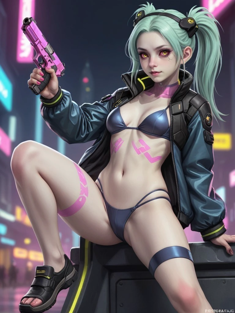 cyberpunk picture of skinny slim fit girl pale colored skin twintail flat chest smug in bikini open jacket action pose <lora:rebecca_xl_restore:0.6> Rebecca
