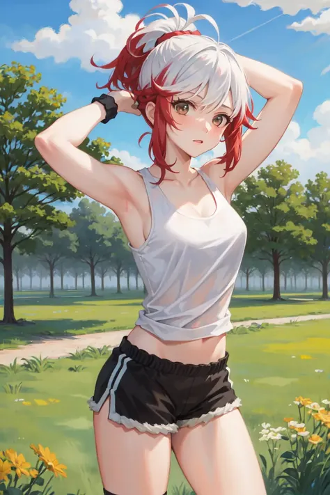 masterpiece, best quality, absurdres, perfect antomy, 1girl, solo, PascalTales, short hair, energetic, athletic outfit, tank top, shorts, sneakers, sweatband, ponytail, bright and sunny day, trees and grass in the background