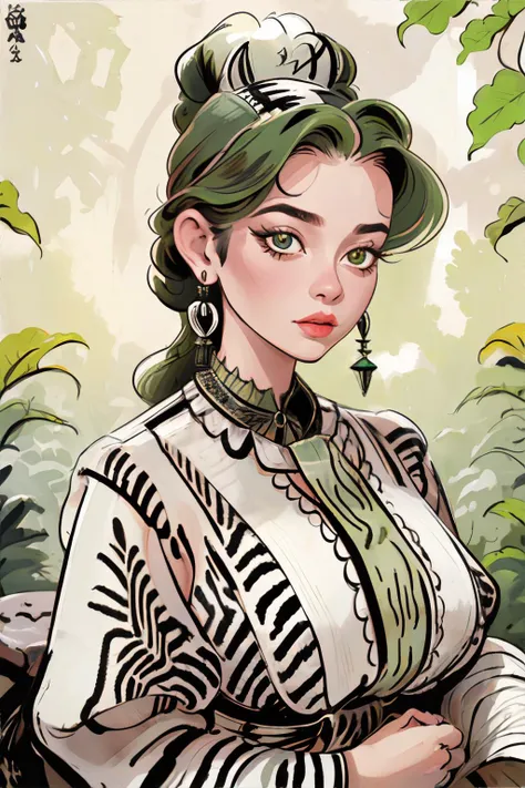 <lora:ricecakeinkedge:0.8>, inkart, portrait of a woman wearing moss green zebra print lantern sleeve shirt, pearl earrings || <lora:ricecakeinkedge:0.2>, inkart, masterpiece, 8k, high resolution, shallow depth of field, sharp focus