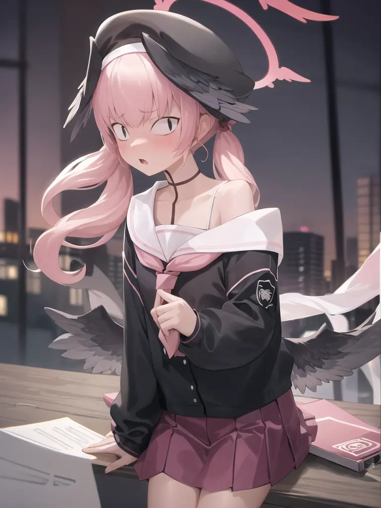 koharu_\(blue_archive\),1girl,school_uniform,solo,look_at_viewer,pink_hair,pleated_skirt,night city
