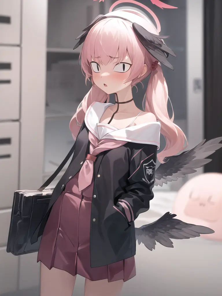 koharu_\(blue_archive\),1girl,school_uniform,solo,look_at_viewer,pink_hair,pleated_skirt,arms_behind_back