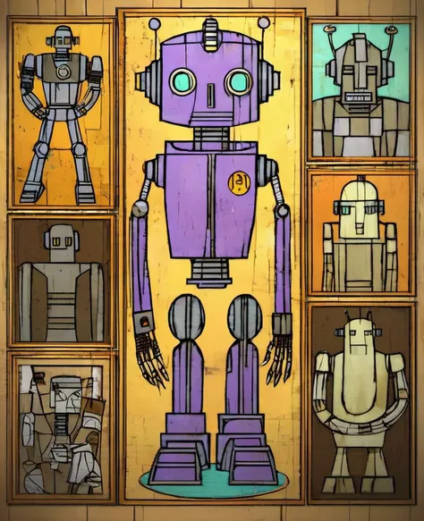 rivghn style purple cyberpunk robot surrounded by portrait paintings of robots <lora:rivghnXLv2-000011:1>