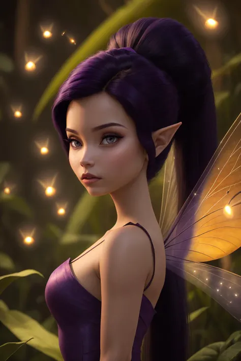 picture, photography, masterpiece, 8k, canon, perfect ligthing, bloom, cinematic lighting, adult, perfect skin, female, looking at viewer, upper body, portrait, Vidia, VidiaWaifu, (single long ponytail), (super long hair), (thight purple dress), (extra long white fairy wings), (grey eyes), pruple eyeshadow, pointy ears,  stardust, rainforest, tiny,  shrink, (fireflies:1.3), big leaves, tropical, night,        <lora:VidiaTinkerbellDisney-08:0.6><hypernet:empty:0.5>