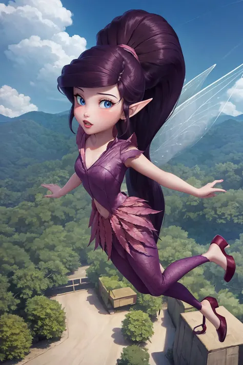 masterpiece, 8k, perfect ligthing, , adult, female, looking at viewer, cinematic lighting, full body shot,  Vidia, (VidiaWaifu:1.1), single ponytail, extra long ponytail, dress, (extra long white fairy wings), long wings, purple clothes, clothes made from leaves, dark hair, pointy ears, shrunken, (flying in sky), in the sky, clouds, blush, pixiedust , (RSEEmma:1.2) , <lora:realisticGlossyFaceSkin_rseromanticRsesofiko:0.3> <lora:vidiaFromTinkerbellMovie_v10:0.6><hypernet:empty:0.5><lora:arielTheLittleMermaid_v10:0.5>