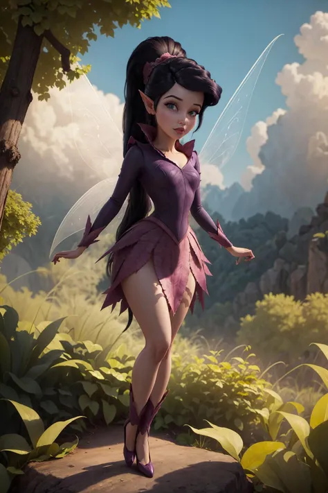 masterpiece, 8k, perfect ligthing, , adult, female, looking at viewer, cinematic lighting, full body shot, Vidia, (VidiaWaifu:1.1), single ponytail, extra long ponytail, dress, (extra long white fairy wings), long wings, purple clothes, clothes made from leaves, dark hair, pointy ears, shrunken, (flying in sky), in the sky, clouds, blush, pixiedust , (RSEEmma:1.2) , <lora:realisticGlossyFaceSkin_rseromanticRsesofiko:0.3> <lora:vidiaFromTinkerbellMovie_v10:0.6><hypernet:empty:0.5><lora:arielTheLittleMermaid_v10:0.5>