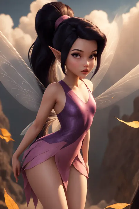 masterpiece, 8k, perfect ligthing, , adult, female, looking at viewer, cinematic lighting, Vidia, (VidiaWaifu:1.1), single ponytail, extra long ponytail, dress, (extra long white fairy wings), long wings, purple clothes, clothes made from leaves, dark hair, pointy ears, shrunken, flying, sky, clouds, blush, pixiedust, <lora:VidiaTinkerbellDisney-08:0.6><hypernet:empty:0.5>