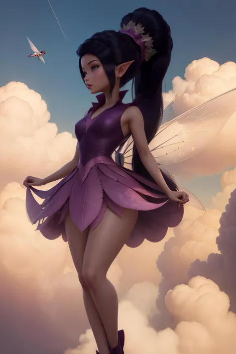 masterpiece, 8k, perfect ligthing, , adult, female, looking at viewer, cinematic lighting, full body shot, Vidia, (VidiaWaifu:1.1), single ponytail, extra long ponytail, dress, (extra long white fairy wings), long wings, purple clothes, clothes made from leaves, dark hair, pointy ears, shrunken, (flying in sky), in the sky, clouds, blush, pixiedust , (RSEEmma:1.2) , <lora:realisticGlossyFaceSkin_rseromanticRsesofiko:0.3> <lora:vidiaFromTinkerbellMovie_v10:0.6><hypernet:empty:0.5>
