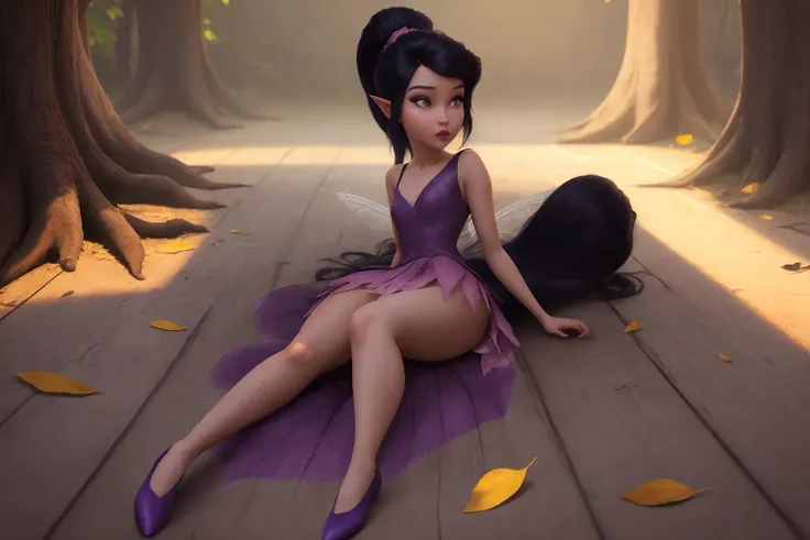 masterpiece, 8k, perfect ligthing, , adult, female, looking at viewer, cinematic lighting, full body shot, Vidia, (VidiaWaifu:1.1), single ponytail, extra long ponytail, dress, tight jumpsuit, (extra long white fairy wings), ((two long wings)), purple clothes, clothes made from leaves, (grey eyes), dark hair, pointy ears, feet, straight armes, shrunken, (lying on the ground), ((inside treetrunk)), blush, pixiedust, <lora:VidiaTinkerbellDisney-08:0.6><hypernet:empty:0.5>