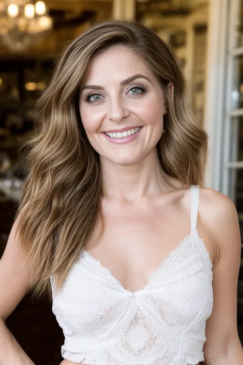 Raw Photo, (22 year old woman), thin face, medium length light brown hair, styled in wavy feathered layers, beautiful Hazel eyes, ring light reflection in eyes, eyes wide, (highly detailed eyes), lean body, (athletic body), sensual expression,  (wearing a white lacy halter top), (wearing denim shorts), (large breasts), cleavage   <lora:more_details:1> safe for work,  perfect eyes, perfect skin , detailed skin, out of focus background, bokeh, soft lights, in elegant restaurant <lora:JenLilley1:0.85> JenLilley1, (body turned slightly to side), (looking over shoulder at viewer), _faceExpressions_Flirty, A playful smile, arched eyebrows, and a slightly tilted head