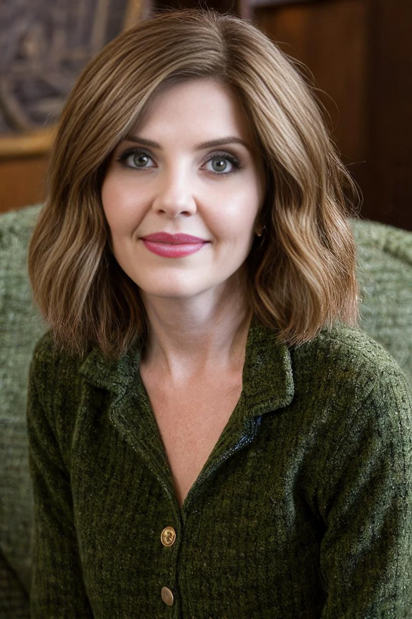 Raw photo, full body length, 24 year old woman, eyes wide, slight smile, standing in elegant living room, soft light in the background out of focus, bokeh, (wearing an olive green soft tweed suit), soft lighting, perfect body, lean body, <lora:JenLilley1:0.93>, Jen Lilley <lora:more_details:0.8> realistic, photorealistic, absurdres, hd, eye contact, looking at viewer, CyberRealistic_Negative-neg