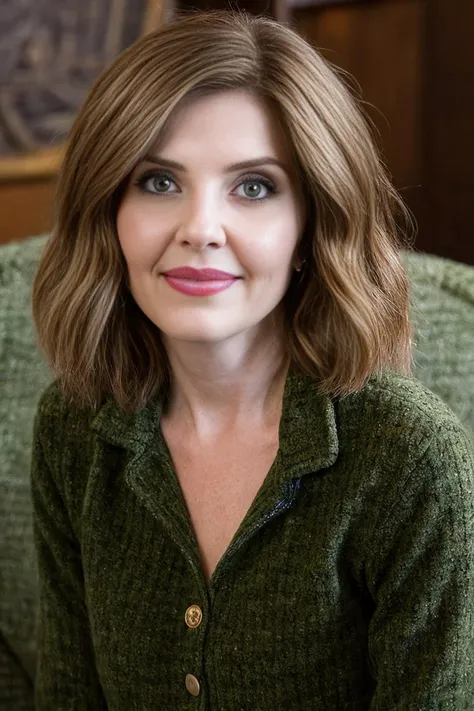 Raw photo, full body length, 24 year old woman, eyes wide, slight smile, standing in elegant living room, soft light in the background out of focus, bokeh, (wearing an olive green soft tweed suit), soft lighting, perfect body, lean body, <lora:JenLilley1:0.93>, Jen Lilley <lora:more_details:0.8>   realistic, photorealistic, absurdres, hd, eye contact,  looking at viewer, CyberRealistic_Negative-neg