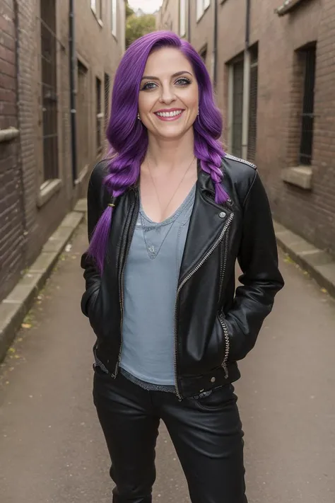 Raw Photo, 24 year old female, large hazel eyes, purple hair, _women_hair_fishtail braids, standing in dark alleyway, graffiti, dressed in punk rocker clothing, unlaced combat boots, <lora:JenLilley1:0.85> JenLilley, realistic, photorealistic, absurdres, masterpiece, eye contact with viewer, hands in pockets, _FaceExpressions_Naughty, A mischievous grin, a wink, and a playful attitude, _perspective_Dutch Angle view medium Distance shot