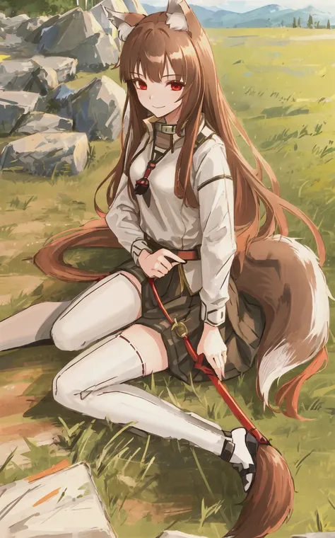 masterpiece,best quality, 1girl, solo, slight smile, slight smile, cherry, sunlight dapple, butterfly, grass animal ears,wolf ears,long hair, tail, wolf tail, red eyes, wolf girl,brown hair,
<lora:holoSpiceAndWolf_v2:0.6>