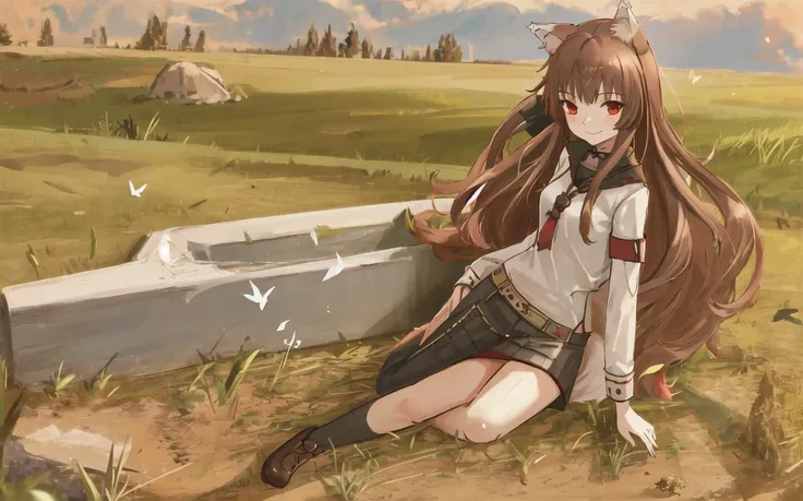 masterpiece,best quality, 1girl, solo, slight smile, slight smile, cherry, sunlight dapple, butterfly, grass animal ears,wolf ears,long hair, tail, wolf tail, red eyes, wolf girl,brown hair,
<lora:holoSpiceAndWolf_v2:0.6>