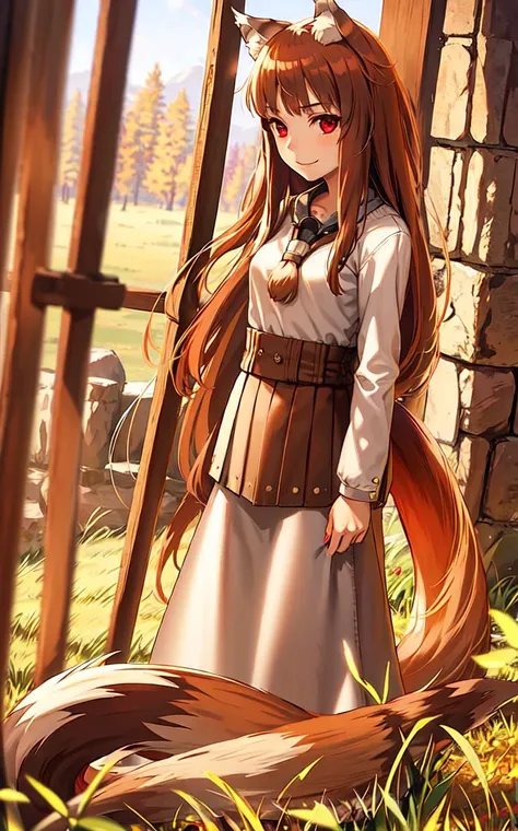 masterpiece,best quality, 1girl, solo, slight smile, slight smile, cherry, sunlight dapple, butterfly, grass animal ears,wolf ears,long hair, tail, wolf tail, red eyes, wolf girl,brown hair,
<lora:holoSpiceAndWolf_v2:0.6>