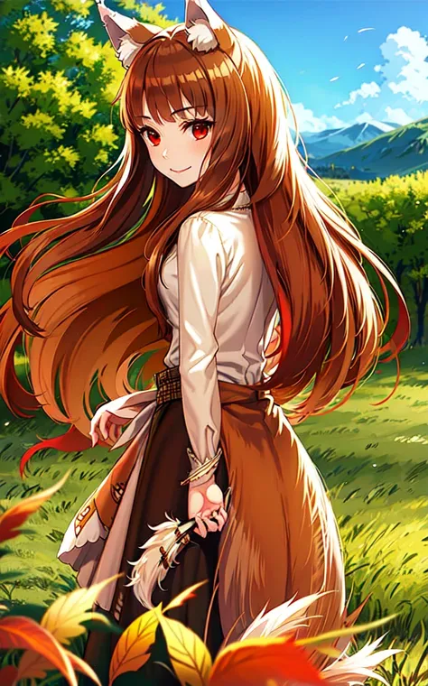 masterpiece,best quality, 1girl, solo, slight smile, slight smile, cherry, sunlight dapple, butterfly, grass animal ears,wolf ears,long hair, tail, wolf tail, red eyes, wolf girl,brown hair,
<lora:holoSpiceAndWolf_v2:0.6>
