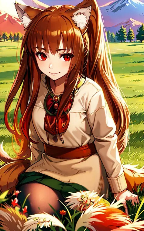 masterpiece,best quality, 1girl, solo, slight smile, slight smile, cherry, sunlight dapple, butterfly, grass animal ears,wolf ears,long hair, tail, wolf tail, red eyes, wolf girl,brown hair,
<lora:holoSpiceAndWolf_v2:0.6>