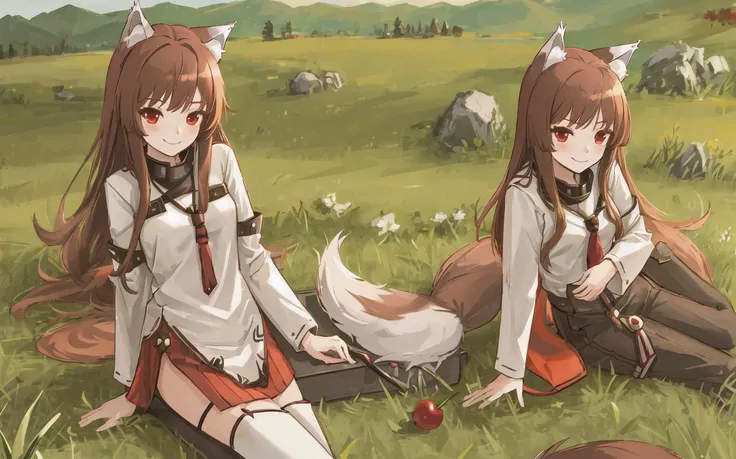 masterpiece,best quality, 1girl, solo, slight smile, slight smile, cherry, sunlight dapple, butterfly, grass animal ears,wolf ears,long hair, tail, wolf tail, red eyes, wolf girl,brown hair,
<lora:holoSpiceAndWolf_v2:0.6>