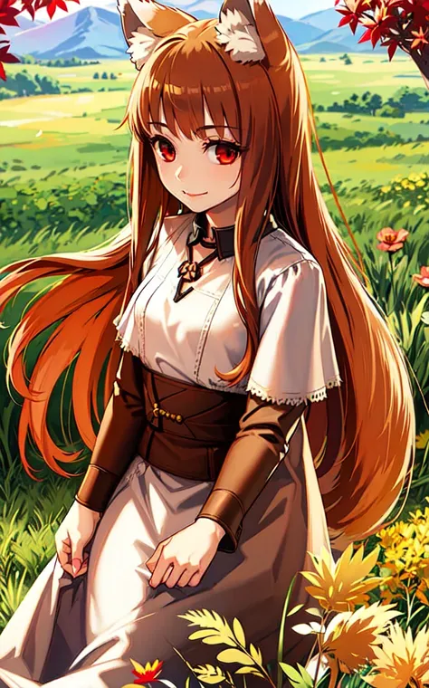 masterpiece,best quality, 1girl, solo, slight smile, slight smile, cherry, sunlight dapple, butterfly, grass animal ears,wolf ears,long hair, tail, wolf tail, red eyes, wolf girl,brown hair,
<lora:holoSpiceAndWolf_v2:0.6>