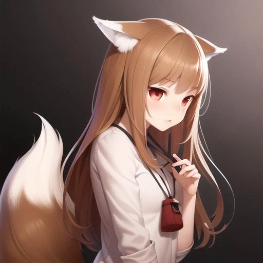 <lora:holoSpiceAndWolf_v3:0.7>, animal ears,wolf ears, tail, wolf tail, red eyes, wolf girl, brown hair,long hair, purple shirt, pouch,, (extremely detailed CG unity 8k wallpaper), (best quality), (ultra-detailed), (best illustration), (best shadow)