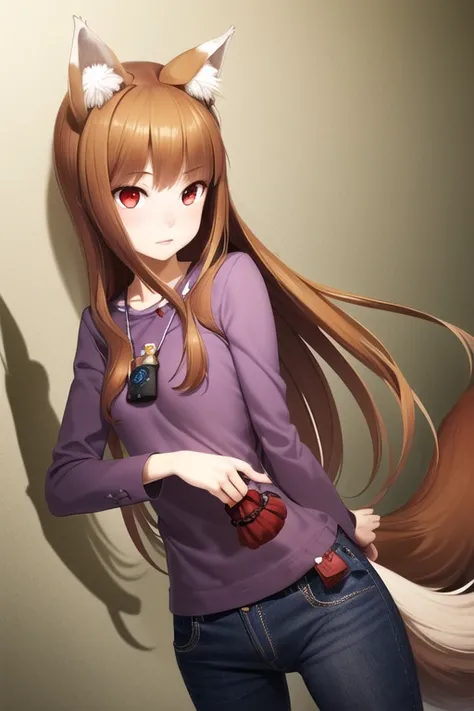 <lora:holoSpiceAndWolf_v3:0.7>, animal ears,wolf ears, tail, wolf tail, red eyes, wolf girl, brown hair,long hair, purple shirt, pouch,, (extremely detailed CG unity 8k wallpaper), (best quality), (ultra-detailed), (best illustration), (best shadow)