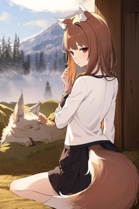 (masterpiece,best quality),1girl, animal ears,wolf ears, tail, wolf tail, red eyes, wolf girl,brown hair,long hair