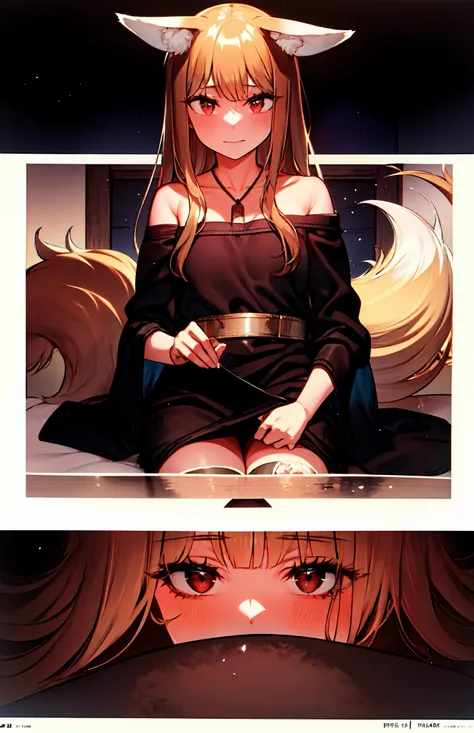 masterpiece, best quality,<lora:katiamanagan_1:0.7>,1girl, wolf ears, tail:0.6 delicate face, red eyes, (beautiful eyes:1.1), wolf girl, brown hair, long hair, black dress, lace, black thigh-highs, head tilt, wallpaper, HDR, illustration, high quality,high-definition, extremely detailed, subsurface scattering, light particles, natural light, shadow, contrast, texture, detail, realism, impressionistic, expressionistic, abstract, innovative, experimental, unique, warmth, coziness, intimacy, personal space, privacy, relaxation, ease, contentment, pleasure, self-expression, individuality, fashion, style, aesthetics, beauty, imagination, artistry, composition, balance, harmony, rhythm, color, light, shadow, reflection, refraction, tone, contrast, foreground, middle ground, background, naturalistic, figurative, representational.