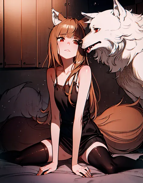 masterpiece, best quality,<lora:katiamanagan_1:0.7>,1girl, wolf ears, tail:0.6 delicate face, red eyes, (beautiful eyes:1.1), wolf girl, brown hair, long hair, black dress, lace, black thigh-highs, head tilt, wallpaper, HDR, illustration, high quality,high-definition, extremely detailed, subsurface scattering, light particles, natural light, shadow, contrast, texture, detail, realism, impressionistic, expressionistic, abstract, innovative, experimental, unique, warmth, coziness, intimacy, personal space, privacy, relaxation, ease, contentment, pleasure, self-expression, individuality, fashion, style, aesthetics, beauty, imagination, artistry, composition, balance, harmony, rhythm, color, light, shadow, reflection, refraction, tone, contrast, foreground, middle ground, background, naturalistic, figurative, representational.
