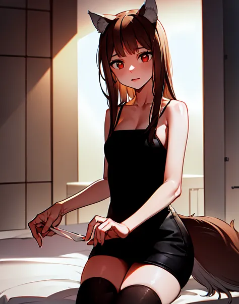masterpiece, best quality,<lora:katiamanagan_1:0.7>,1girl, wolf ears, tail:0.6 delicate face, red eyes, (beautiful eyes:1.1), wolf girl, brown hair, long hair, black dress, lace, black thigh-highs, head tilt, wallpaper, HDR, illustration, high quality,high-definition, extremely detailed, subsurface scattering, light particles, natural light, shadow, contrast, texture, detail, realism, impressionistic, expressionistic, abstract, innovative, experimental, unique, warmth, coziness, intimacy, personal space, privacy, relaxation, ease, contentment, pleasure, self-expression, individuality, fashion, style, aesthetics, beauty, imagination, artistry, composition, balance, harmony, rhythm, color, light, shadow, reflection, refraction, tone, contrast, foreground, middle ground, background, naturalistic, figurative, representational.