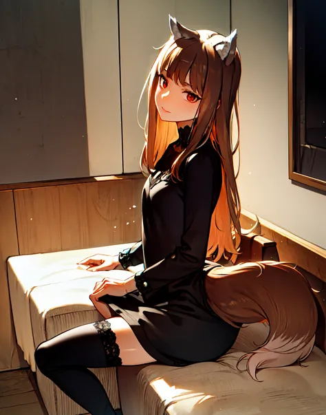 masterpiece, best quality,<lora:katiamanagan_1:0.7>,1girl, wolf ears, tail:0.6 delicate face, red eyes, (beautiful eyes:1.1), wolf girl, brown hair, long hair, black dress, lace, black thigh-highs, head tilt,  wallpaper, HDR,  illustration, high quality,high-definition, extremely detailed, subsurface scattering, light particles, natural light, shadow, contrast, texture, detail, realism, impressionistic, expressionistic, abstract, innovative, experimental, unique, warmth, coziness, intimacy, personal space, privacy, relaxation, ease, contentment, pleasure, self-expression, individuality, fashion, style, aesthetics, beauty,  imagination, artistry, composition, balance, harmony, rhythm, color, light, shadow, reflection, refraction, tone, contrast, foreground, middle ground, background, naturalistic, figurative, representational.