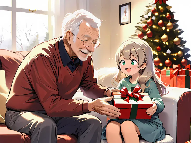 Grandpa happily receives a present from his grandchild.
<lora:HolidaysIdidalittlebiteXL:1> holidayxl style.