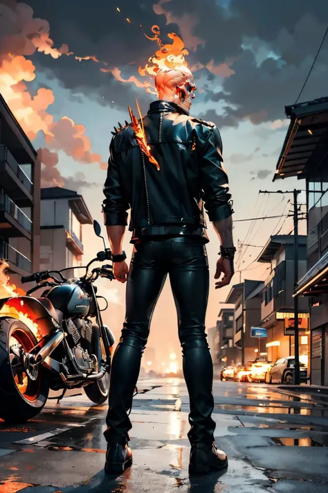 ghostrider, skull, (burning head), wearing leather jacket, leather pants,looking at viewer,
standing,from_behind, motorcycle,(hell cycle) outside, neighborhood, cul-de-sac, overcast, autumn, ember, extreme detail, masterpiece, <lora:ghostrider:.8>