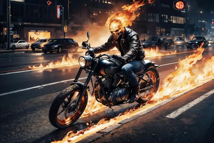 ghostrider, skull, (burning head), wearing leather jacket, leather pants, dynamic shot, riding a motorcycle, outside, freeway, traffic, ember, extreme detail, masterpiece, <lora:ghostrider:.8>