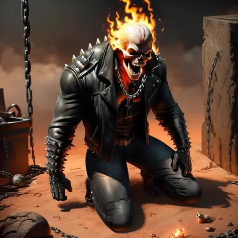 high quality, cinematic ray , realistic digital art illustration movie still (from up view:1.3)  of  ghostrider (kneeling:1.5) and (screaming:1.2) up to the sky , holding a chain , realistic skull , epic lighting, cinematic lighting,   high res, (detailed image:1), insane details, soft,  hyper realistic,   (highly detailed:1.2), masterpiece, 8k uhd, digital art style ,  trending on artstation     <lora:ghostrider2:0.9>