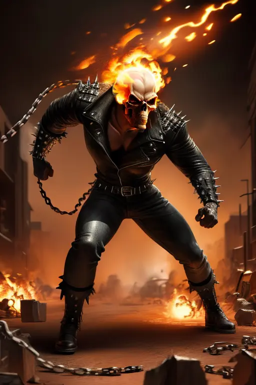 high quality, cinematic ray , realistic digital art illustration photo of ghostrider attacking with the chain , epic lighting, cinematic lighting, high res, (detailed image:1), insane details, soft, hyper realistic, (highly detailed:1.2), masterpiece, 8k uhd, digital art style , trending on artstation <lora:ghostrider2:0.8>