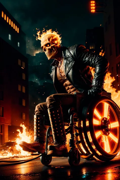 An epic action movie sideshot still of Ghostrider with a flaming skull head, studded leather jacket, chains, sitting in ((a wheelchair with glowing orange wheels)), racing down a dark city street, leaving a trail of fire behind.
1 man, sparks, embers, highres, high resolution, sharp focus, detailed, cinematic, artistic shadow, hdr.
<lora:add_detail:0.3> <lora:wheelchair-20:0.9> <lora:ghostrider:0.8>