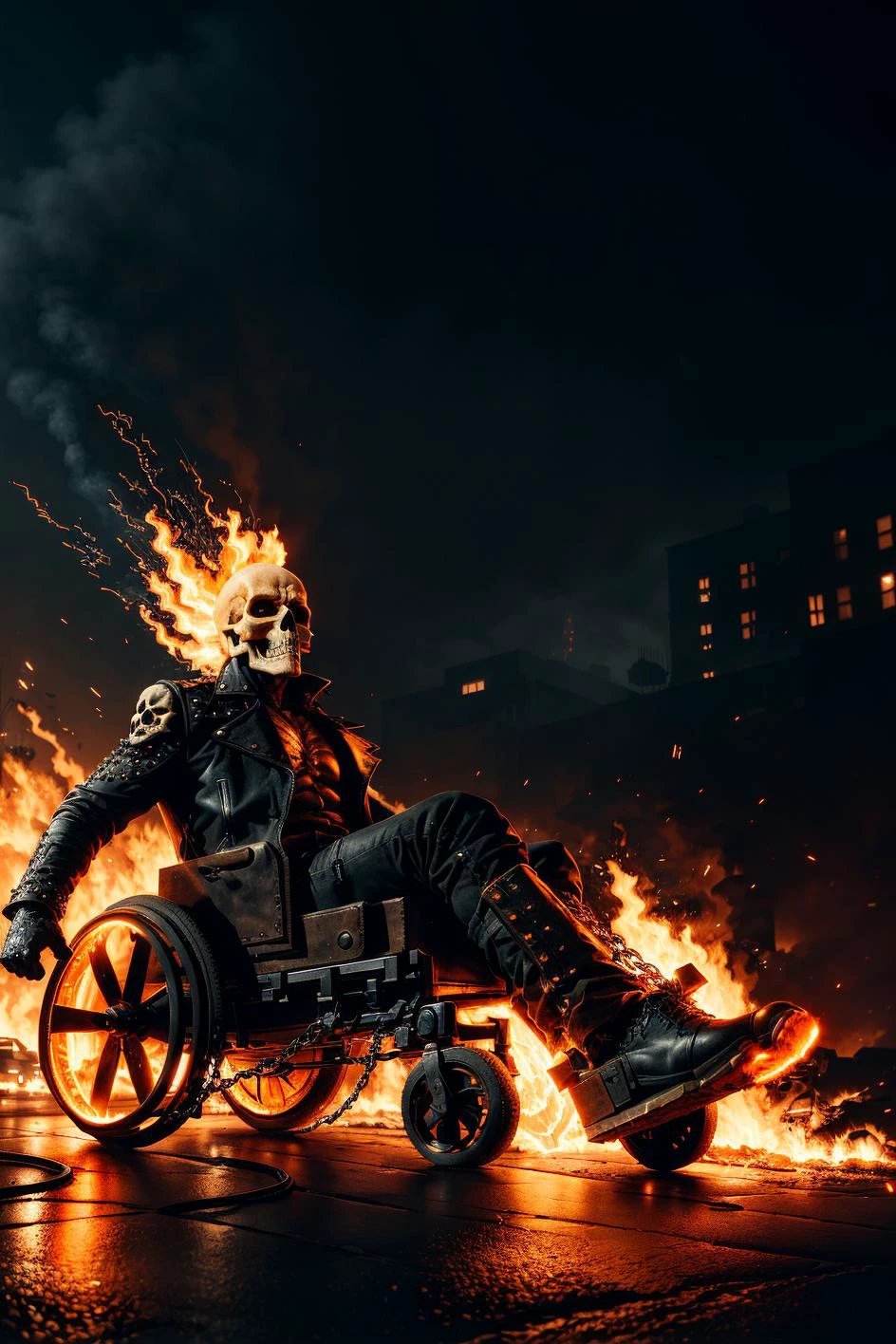 An epic action movie sideshot still of Ghostrider with a flaming skull head, studded leather jacket, chains, sitting in ((a wheelchair with glowing orange wheels)), racing down a dark city street, leaving a trail of fire behind.
1 man, sparks, embers, highres, high resolution, sharp focus, detailed, cinematic, artistic shadow, hdr.
<lora:add_detail:0.3> <lora:wheelchair-20:0.9> <lora:ghostrider:0.8>