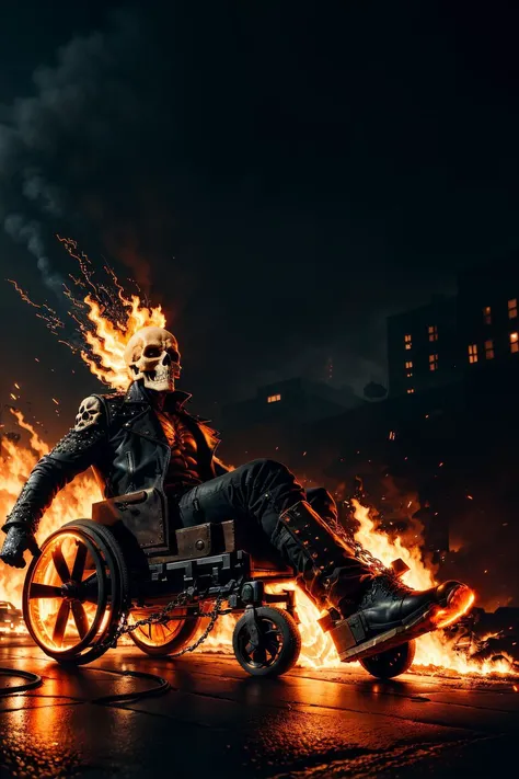 An epic action movie sideshot still of Ghostrider with a flaming skull head, studded leather jacket, chains, sitting in ((a wheelchair with glowing orange wheels)), racing down a dark city street, leaving a trail of fire behind.
1 man, sparks, embers, highres, high resolution, sharp focus, detailed, cinematic, artistic shadow, hdr.
<lora:add_detail:0.3> <lora:wheelchair-20:0.9> <lora:ghostrider:0.8>