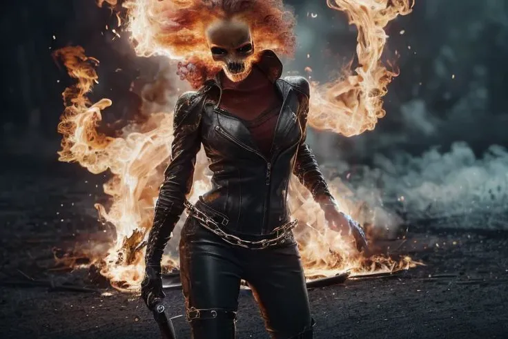 kkw-ph1 <lora:AntimatterTech:0.7>, antitech, antimatter, female (GS-Womanly:0.9) <lora:ghostrider:0.7> ghostrider, flaming skull head, fire, sparks, night, darkness, medium breasts, thighs, cleavage <lora:ClothingAdjuster2:-0.1>, <lora:ClothingAdjuster2:-0.5>