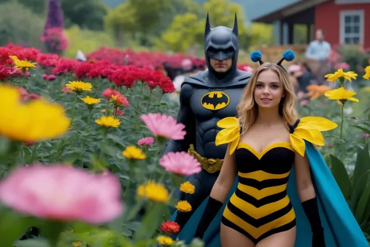 cinematic uhd still, sexy girls in (bee costumes:1.3) dancing with Batman <lora:batman 1989:1>, in a colorful flower garden