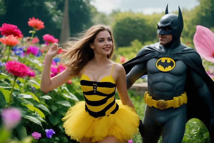 cinematic uhd still, sexy girls in (bee costumes:1.3) dancing with Batman <lora:batman 1989:1>, in a colorful flower garden
