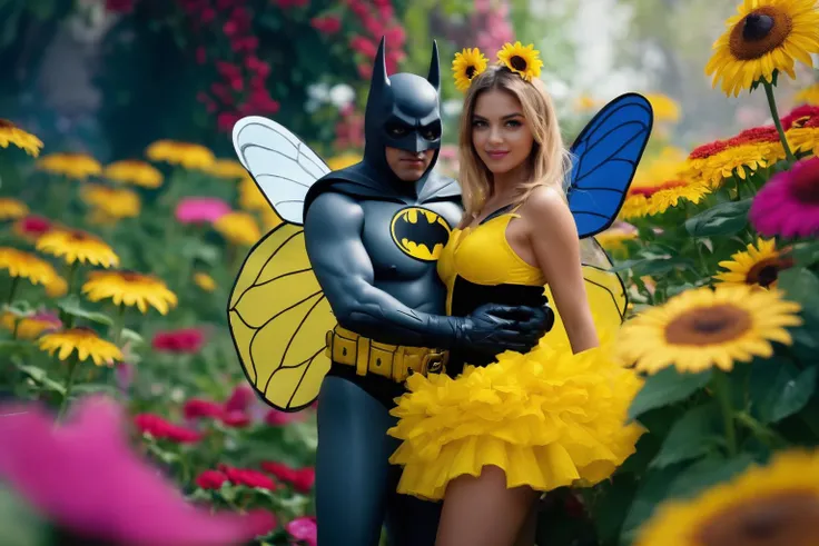 cinematic uhd still, sexy girls in (bee costumes:1.3) dancing with Batman <lora:batman 1989:1>, in a colorful flower garden