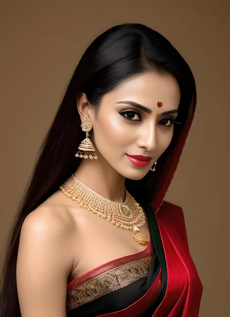 professional model shoot photo, 30yo milf girl look like Dhaka, Bangladesh(highly detailed:1.1), black (saree), perfect eyes, sharp focus, 8k high definition, insanely detailed, intricate, elegant, (red backgroung:1.1)